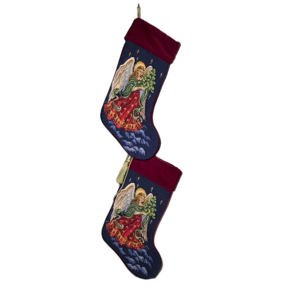 Needlepoint  2 Christmas Angel Stockings Red Blue Velvet Back Gorgeous Dillards